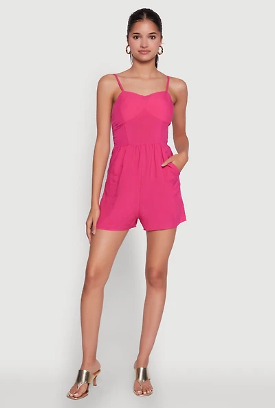 Womens Chic Sleeveless Padded Cup Romper with Pockets and Smocked Details, Pink, Size XL