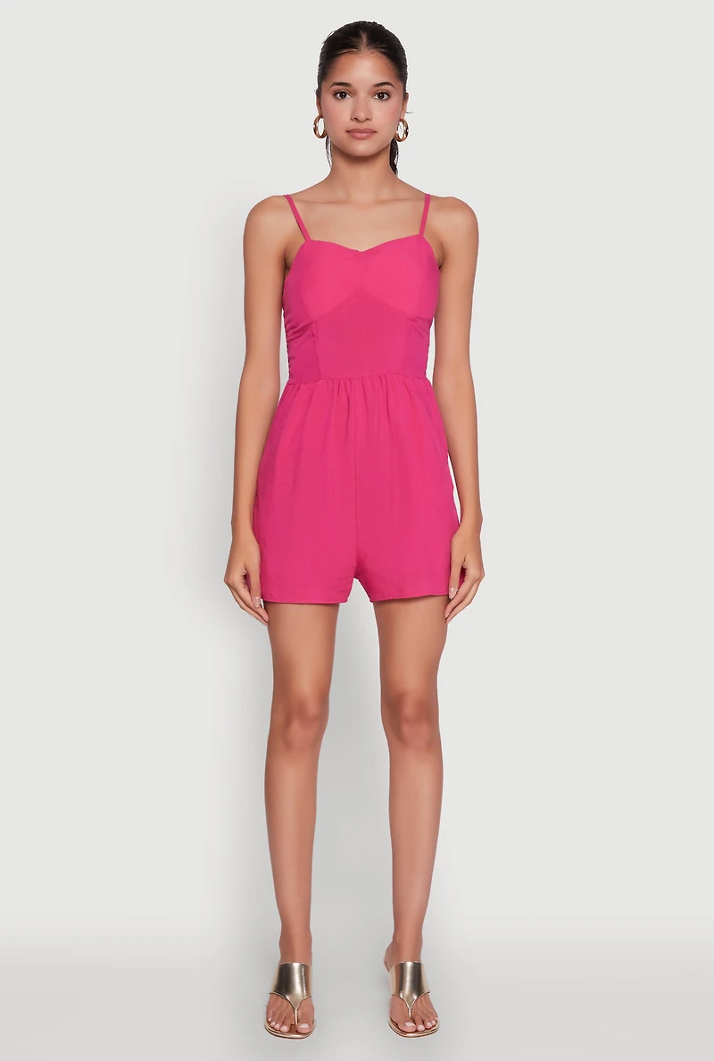 Womens Chic Sleeveless Padded Cup Romper with Pockets and Smocked Details, Pink, Size XL
