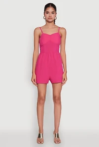 Womens Chic Sleeveless Padded Cup Romper with Pockets and Smocked Details, Pink, Size XL