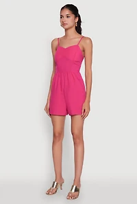 Womens Chic Sleeveless Padded Cup Romper with Pockets and Smocked Details, Pink, Size XL