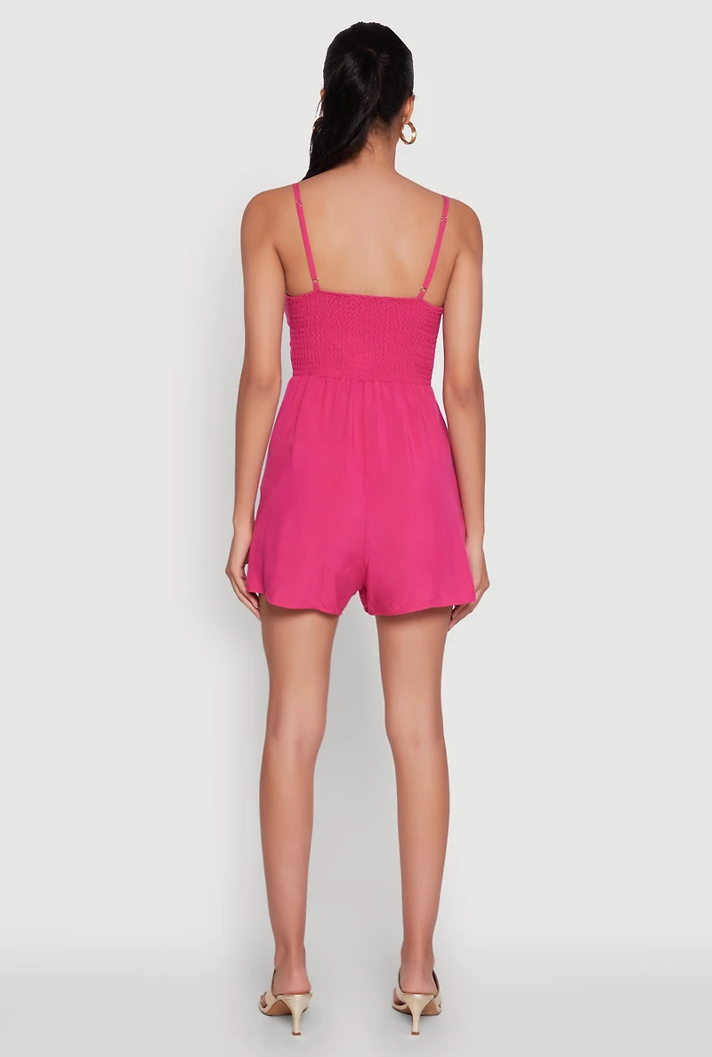 Womens Chic Sleeveless Padded Cup Romper with Pockets and Smocked Details, Pink, Size XL