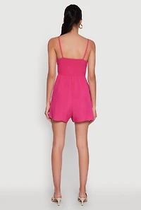 Womens Chic Sleeveless Padded Cup Romper with Pockets and Smocked Details, Pink, Size XL