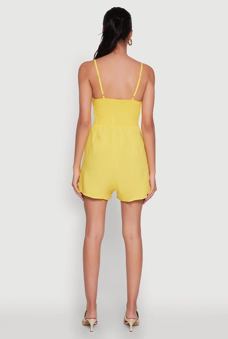 Chic Sleeveless Padded Cup Romper with Pockets and Smocked Details