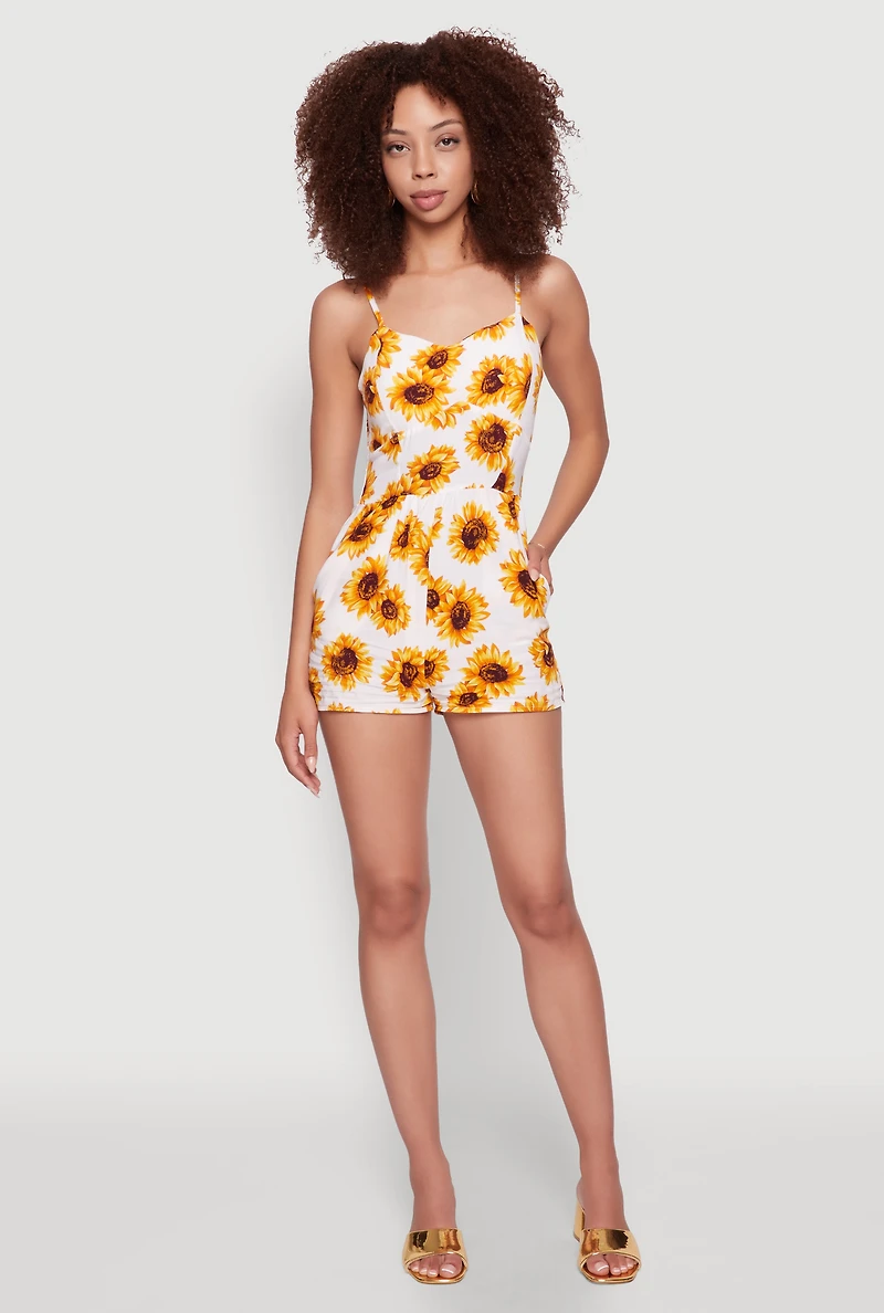 Womens Sunflower Print Sleeveless Romper with Padded Cups, Multi, Size L