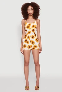 Womens Sunflower Print Sleeveless Romper with Padded Cups, Multi, Size L