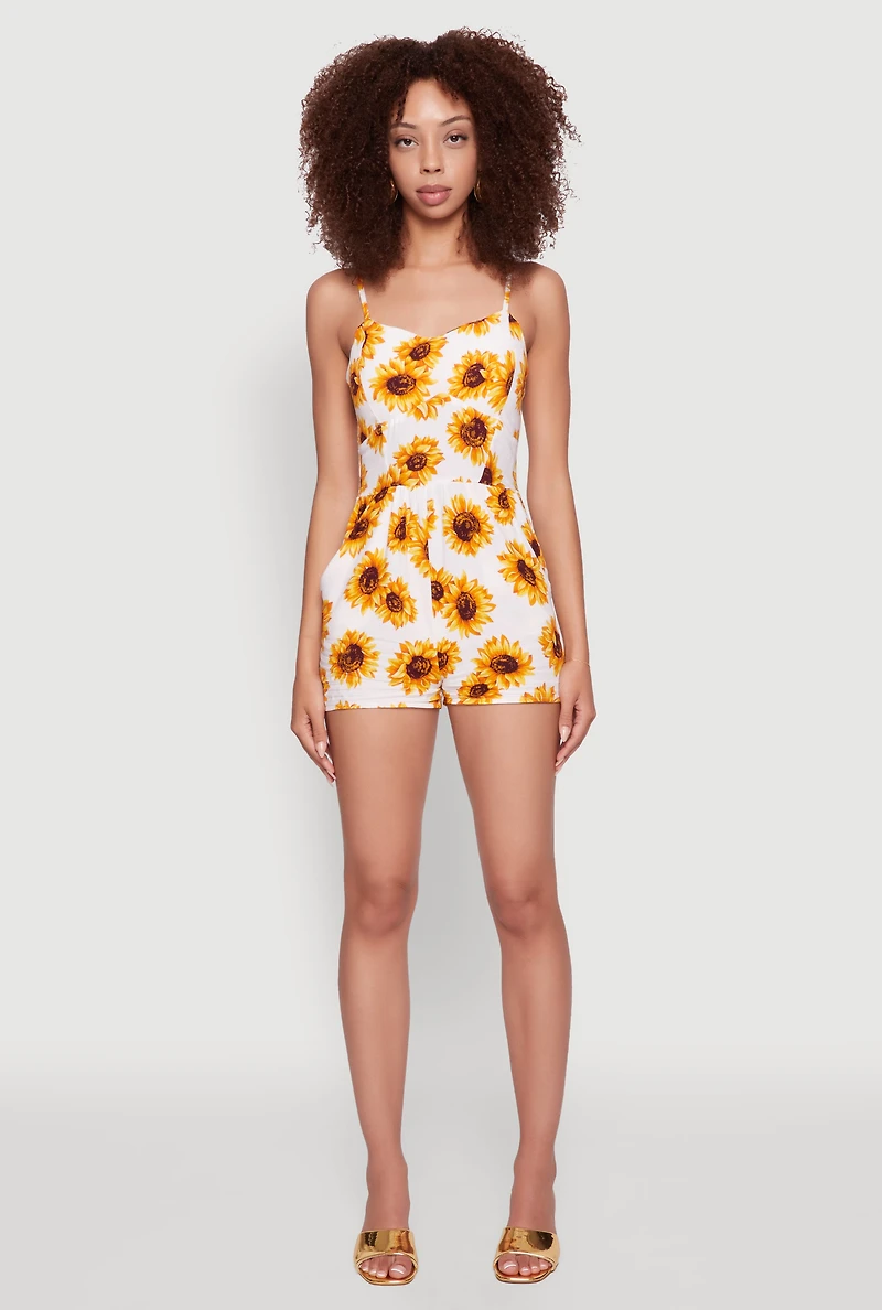 Womens Sunflower Print Sleeveless Romper with Padded Cups, Multi, Size M
