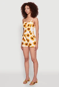 Womens Sunflower Print Sleeveless Romper with Padded Cups, Multi, Size L