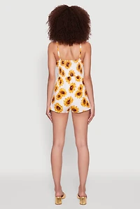 Womens Sunflower Print Sleeveless Romper with Padded Cups, Multi, Size L