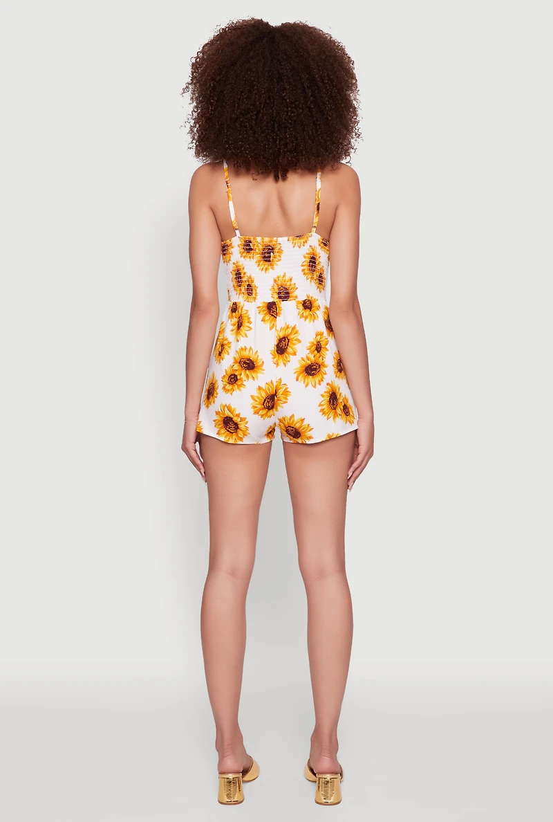 Womens Sunflower Print Sleeveless Romper with Padded Cups, Multi, Size M