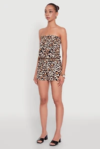 Womens Trendy Animal Print Ruffle Tube Romper, Beige, Size M