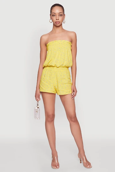 Womens Trendy Ditsy Floral Ruffle Tube Romper, Yellow, Size S