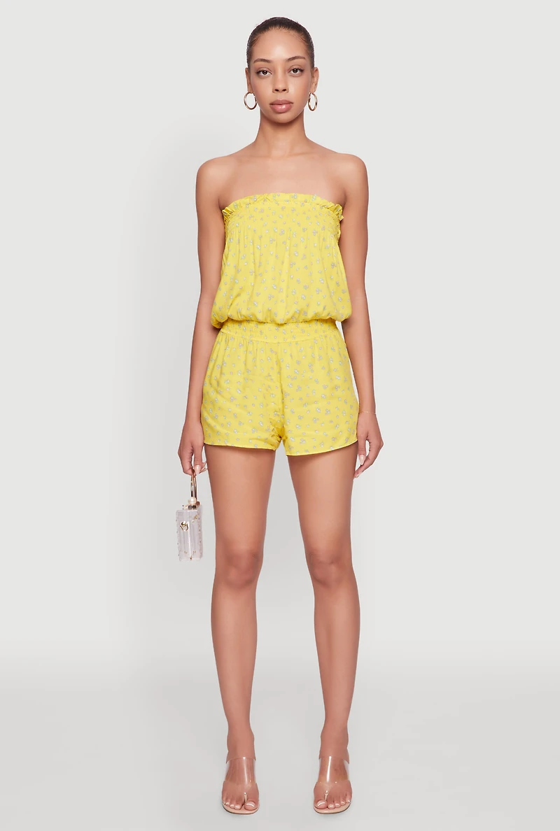 Womens Trendy Ditsy Floral Ruffle Tube Romper, Yellow, Size L