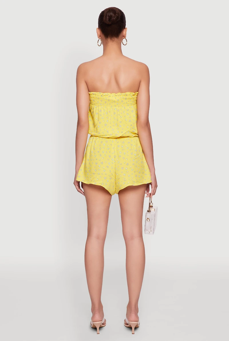 Womens Trendy Ditsy Floral Ruffle Tube Romper, Yellow, Size L