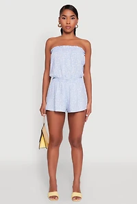 Womens Chic Ditsy Floral Ruffle Tube Romper, Blue, Size M
