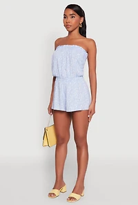 Womens Chic Ditsy Floral Ruffle Tube Romper, Blue, Size M