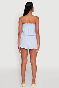 Womens Chic Ditsy Floral Ruffle Tube Romper, Blue, Size M