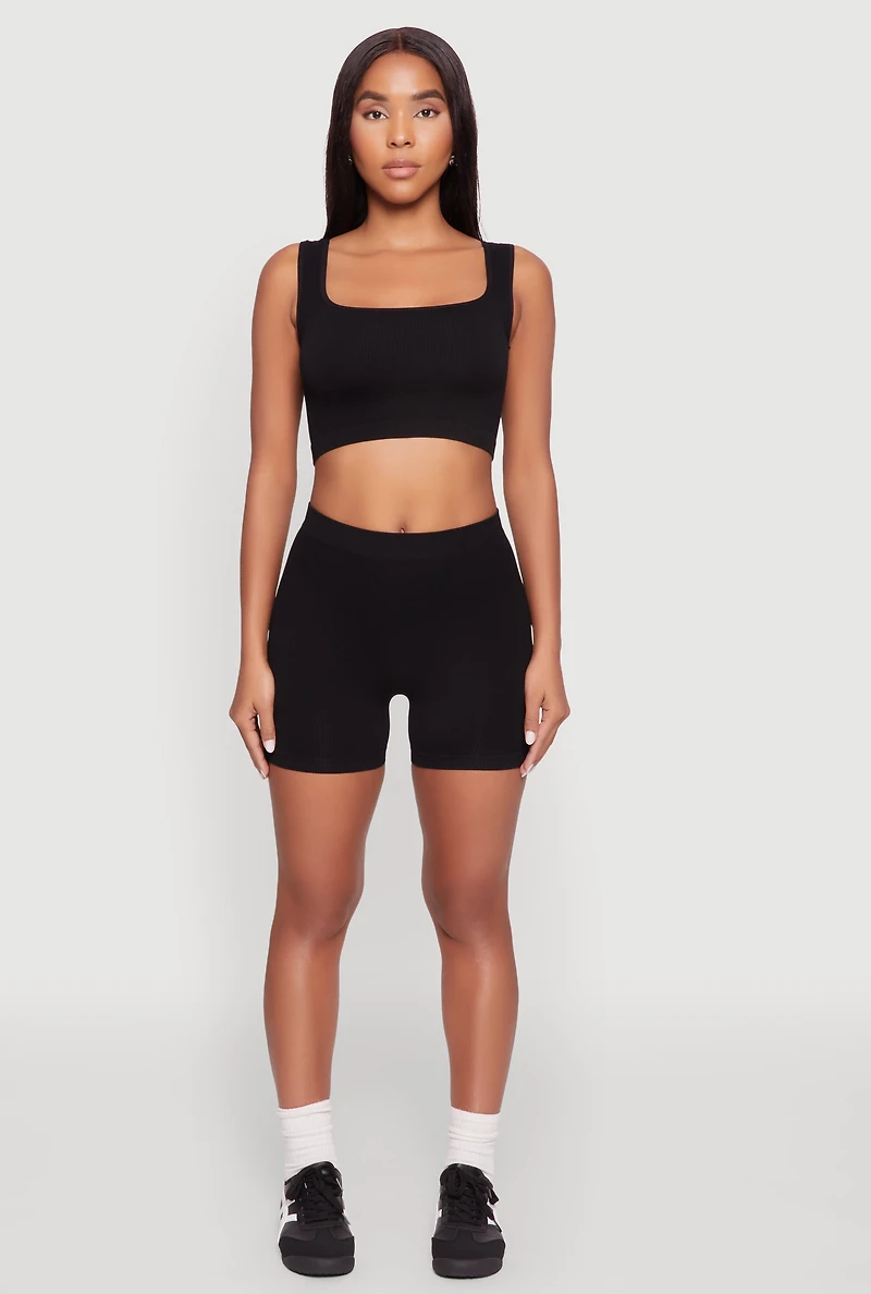 Womens Seamless Cropped Tank Top and Bike Shorts, Black,