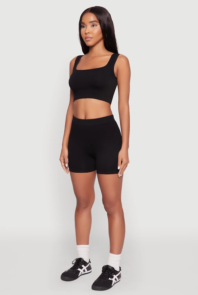 Womens Seamless Cropped Tank Top and Bike Shorts, Black, Size XL