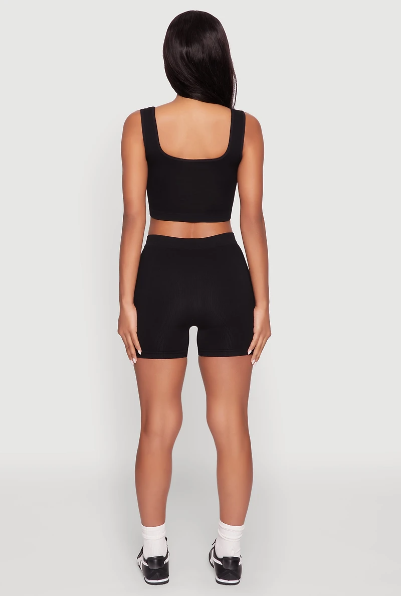 Womens Seamless Cropped Tank Top and Bike Shorts, Black, Size XL