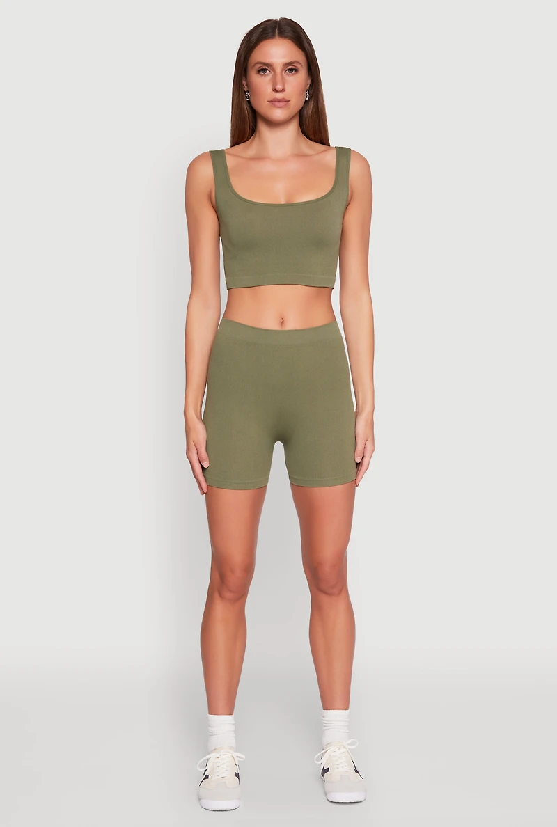 Womens Seamless Cropped Tank Top and Bike Shorts, Green, Size XL