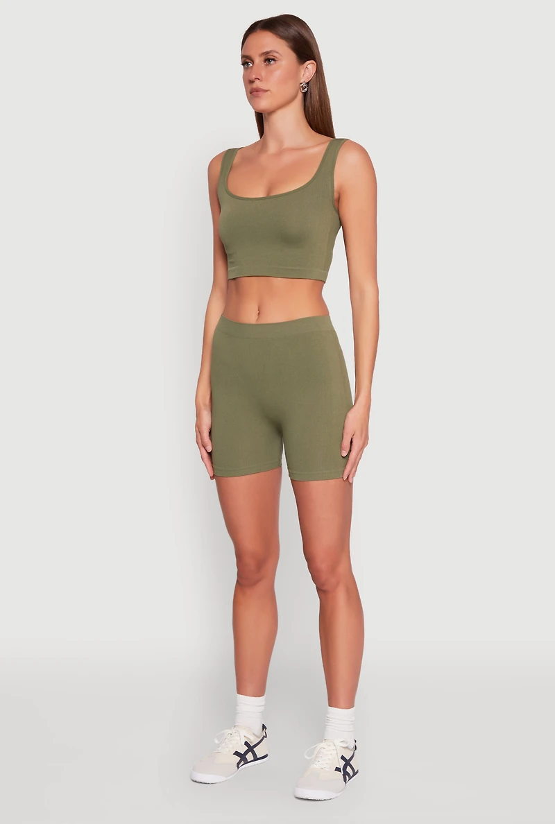 Womens Seamless Cropped Tank Top and Bike Shorts, Green, Size XL