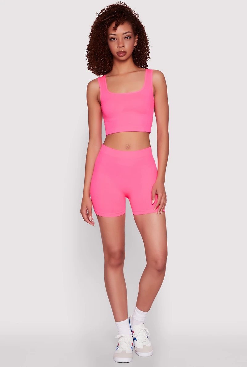 Womens Seamless Cropped Tank Top and Bike Shorts, Pink, Size L