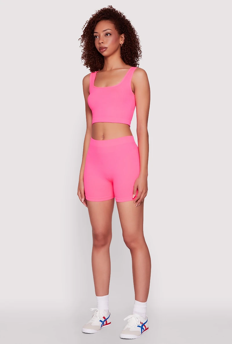 Womens Seamless Cropped Tank Top and Bike Shorts, Pink, Size L