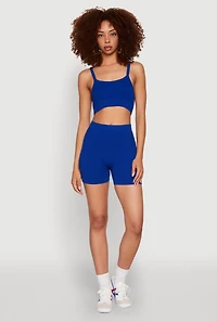 Womens Seamless Cropped Cami and Bike Shorts Set, Blue, Size S
