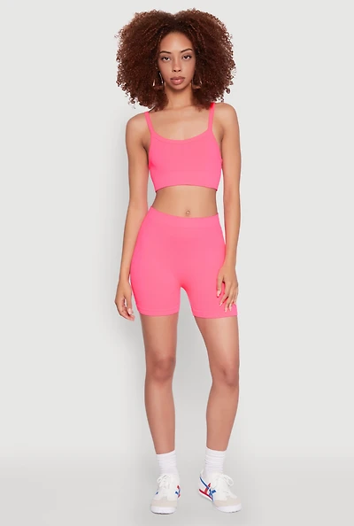 Womens Seamless Cropped Cami and Bike Shorts Set, Pink, Size M