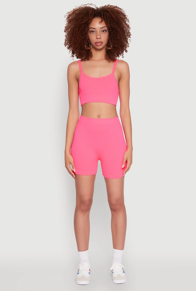 Womens Seamless Cropped Cami and Bike Shorts Set, Pink,