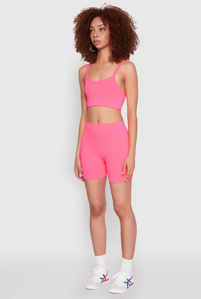 Womens Seamless Cropped Cami and Bike Shorts Set, Pink,