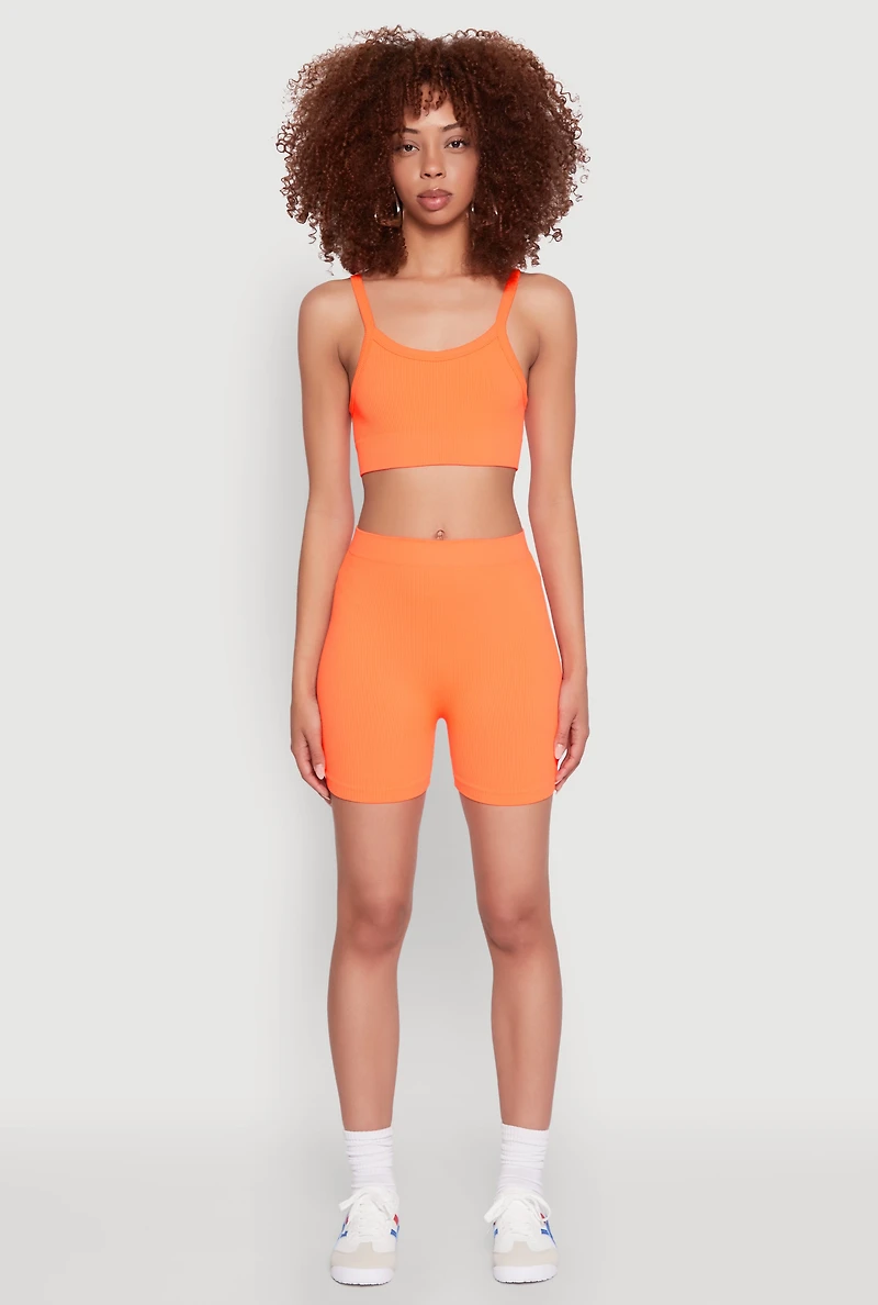 Womens Seamless Cropped Cami and Bike Shorts Set, Orange, Size L