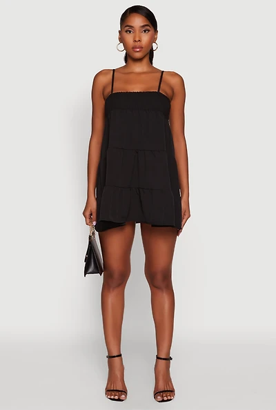 Womens Trendy Crepe Knit Spaghetti Strap Tiered Dress,