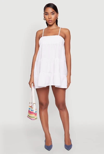 Womens Trendy Crepe Knit Spaghetti Strap Tiered Dress, White, Size S