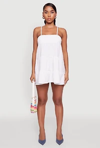 Womens Trendy Crepe Knit Spaghetti Strap Tiered Dress, White, Size S