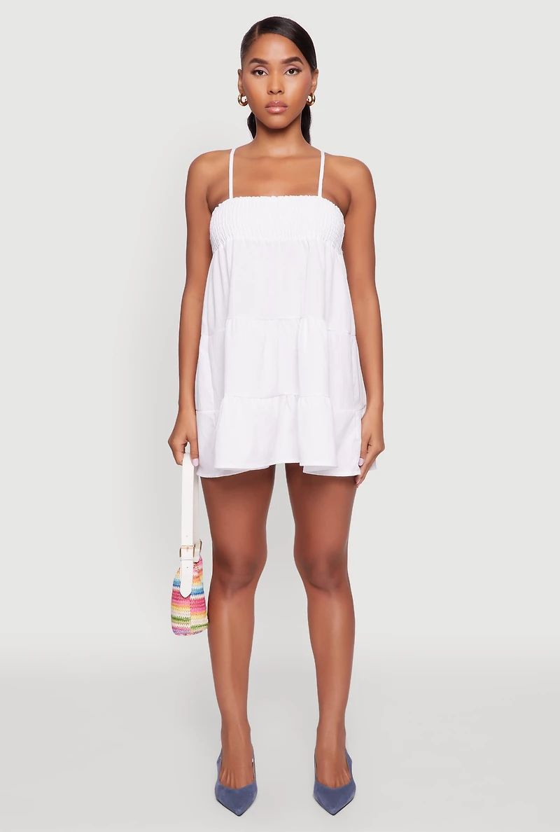 Womens Trendy Crepe Knit Spaghetti Strap Tiered Dress, White, Size M