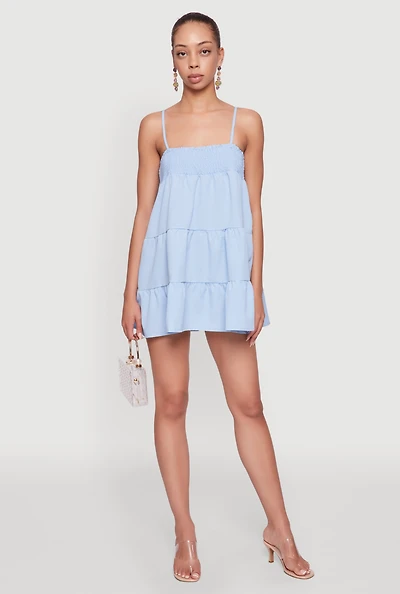 Womens Trendy Crepe Knit Spaghetti Strap Tiered Dress,
