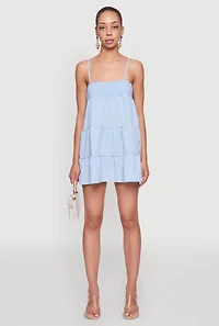 Womens Trendy Crepe Knit Spaghetti Strap Tiered Dress, Blue, Size M