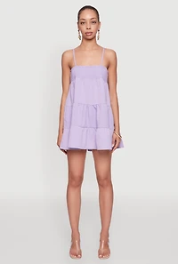 Womens Trendy Crepe Knit Spaghetti Strap Tiered Dress, Purple, Size L