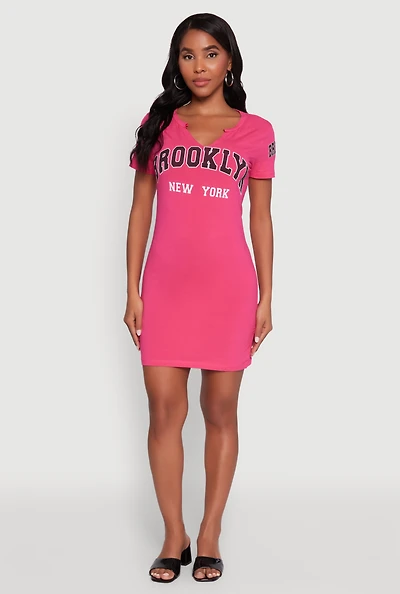 Womens Brooklyn New York Graphic Short Sleeve T Shirt Dress, Pink, Size L