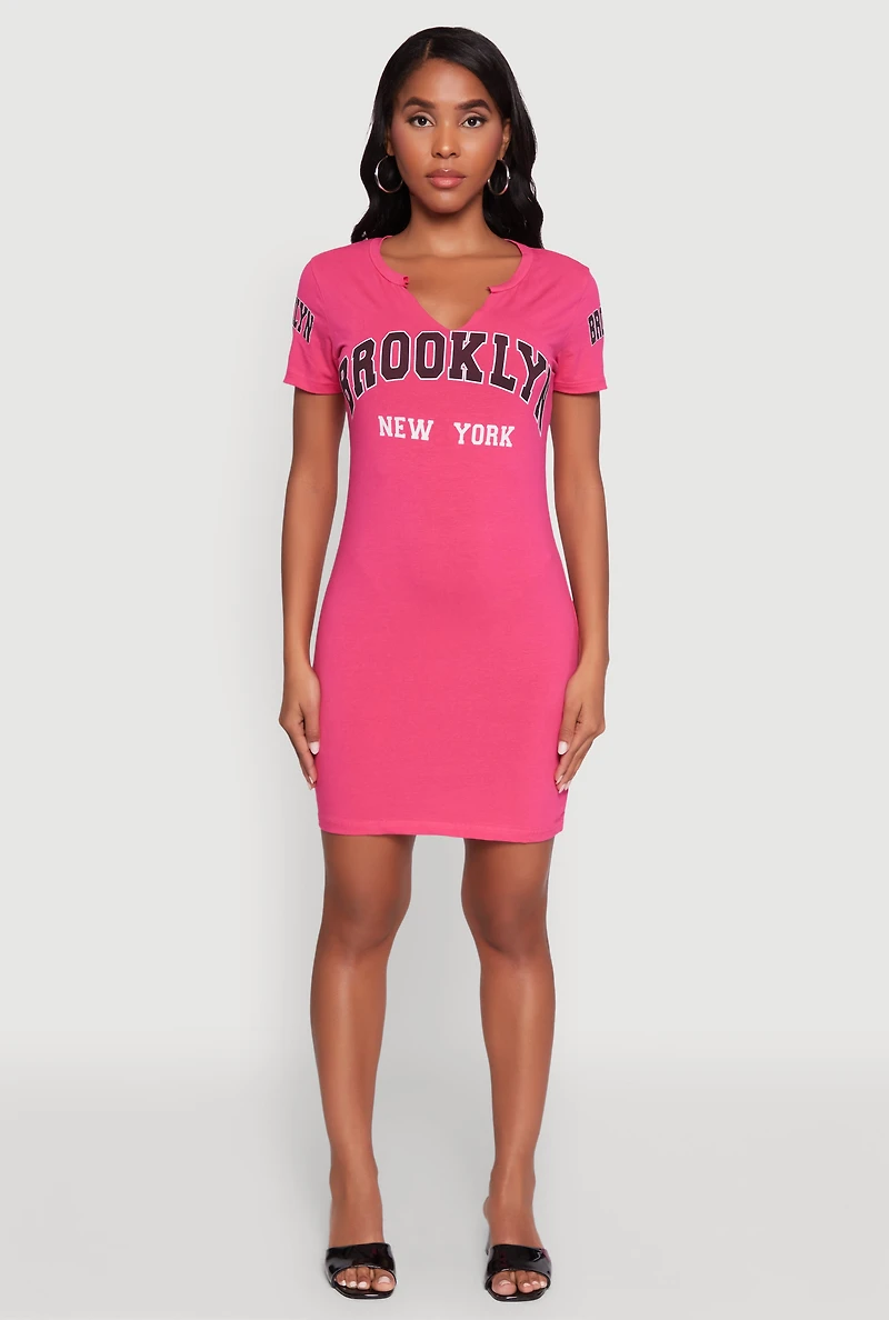 Womens Brooklyn New York Graphic Short Sleeve T Shirt Dress, Pink, Size M
