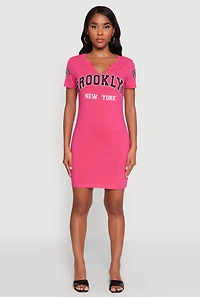 Womens Brooklyn New York Graphic Short Sleeve T Shirt Dress, Pink, Size M