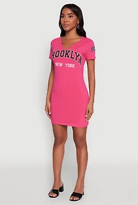 Womens Brooklyn New York Graphic Short Sleeve T Shirt Dress, Pink, Size M