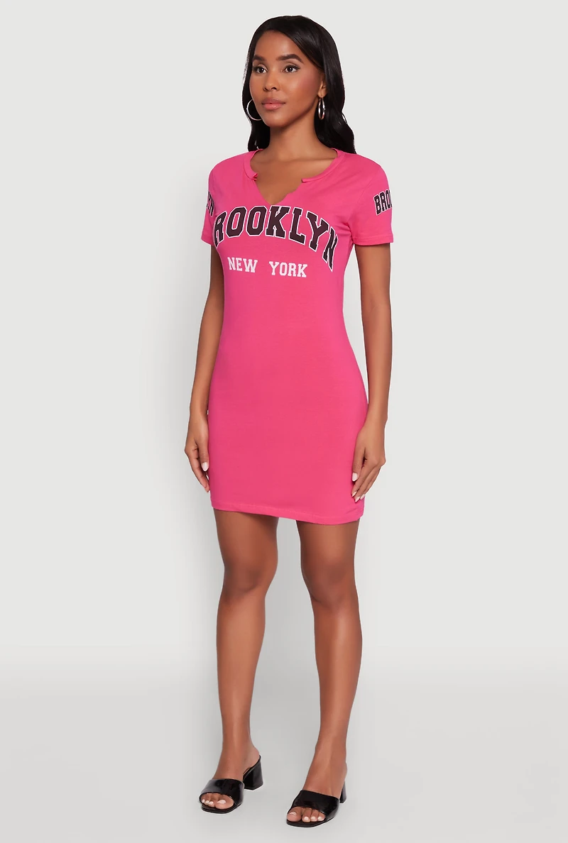 Womens Brooklyn New York Graphic Short Sleeve T Shirt Dress, Pink, Size L