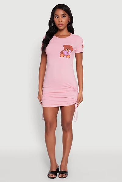 Womens Bye Bear Graphic Short Sleeve T Shirt Dress, Pink, Size S