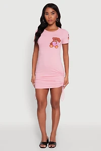 Womens Bye Bear Graphic Short Sleeve T Shirt Dress, Pink, Size S