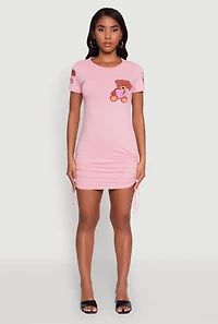 Womens Bye Bear Graphic Short Sleeve T Shirt Dress, Pink, Size S