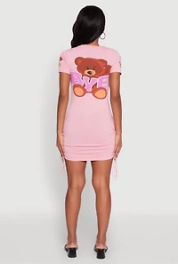 Womens Bye Bear Graphic Short Sleeve T Shirt Dress, Pink, Size S