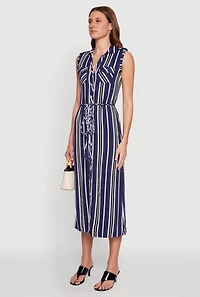 Womens Sleeveless Striped Shirt Dress, Blue, Size M
