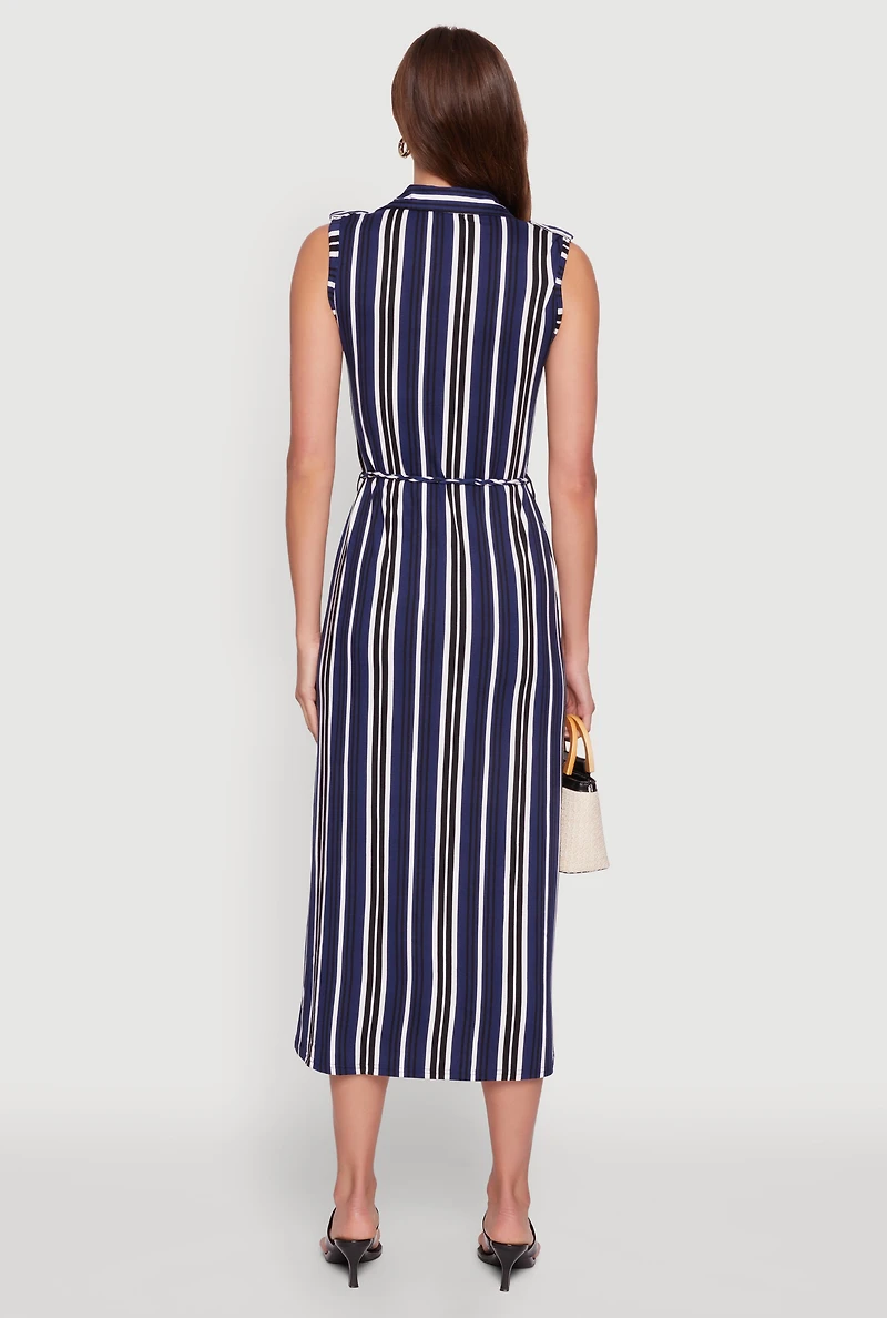 Womens Sleeveless Striped Shirt Dress, Blue, Size M